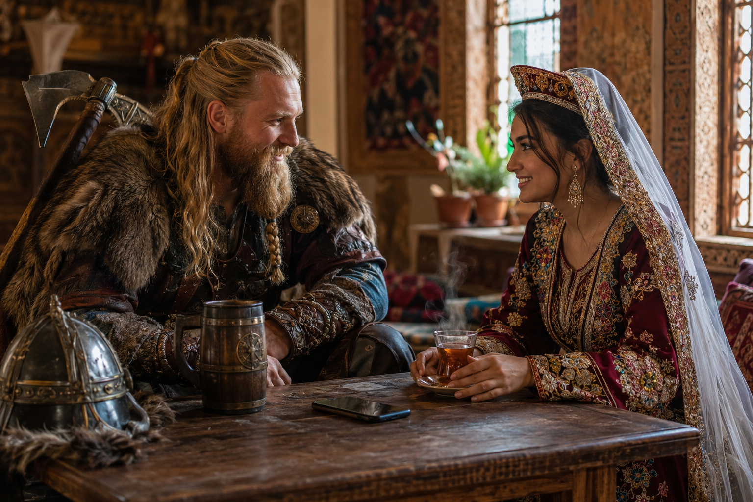 Two people from very different worlds sharing tea, phone resting on the table between them