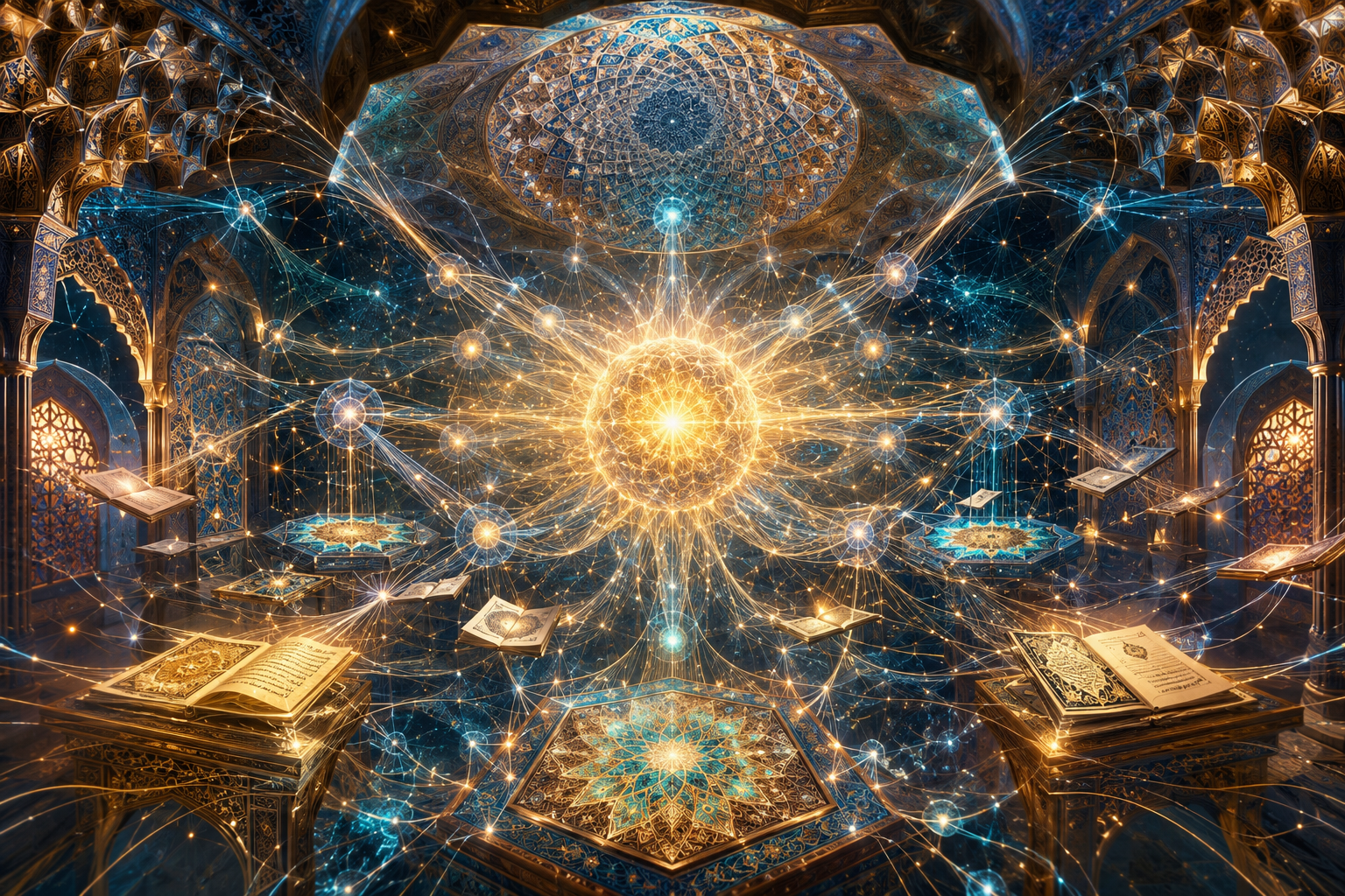 An illuminated network of light connecting open books within an ornate Persian hall, representing the web of knowledge held inside every language